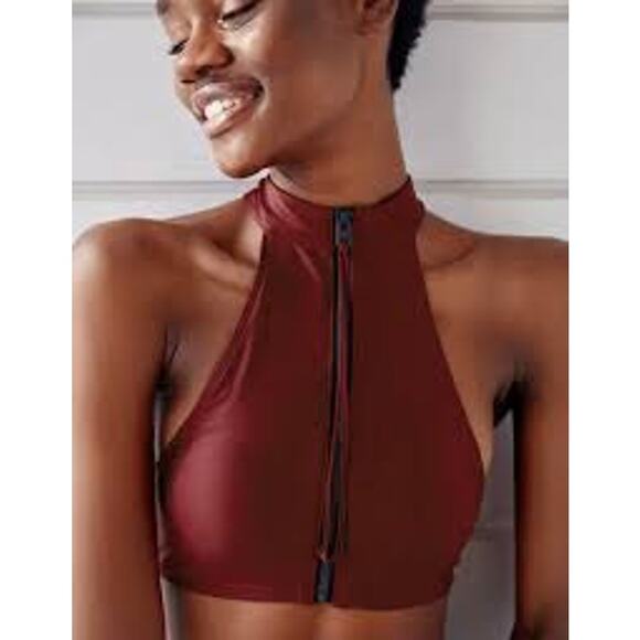 AERIE Two Piece Bikini Set Burgundy High Neck Zipper Top Cheeky Bottom M L - Picture 1 of 6